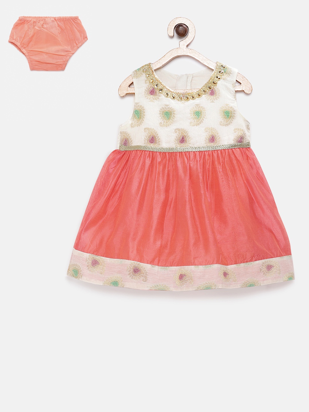 

MANY FROCKS & Girls Peach-Coloured & White Self Design Fit and Flare Dress