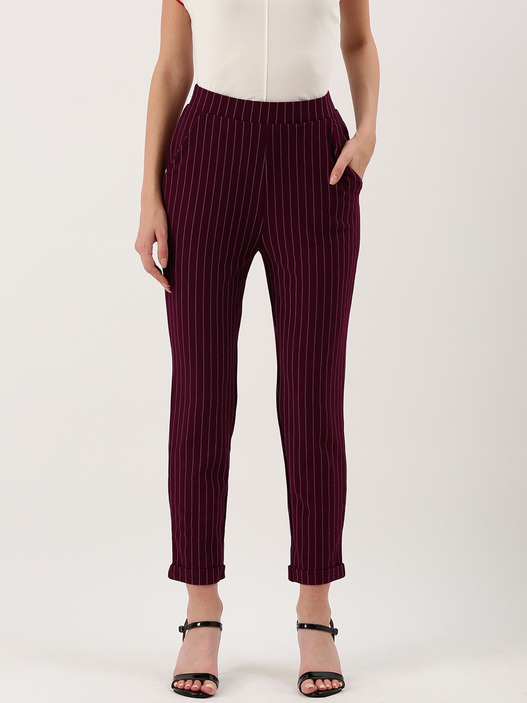 

FOREVER 21 Women Burgundy & White Regular Fit Striped Cropped Regular Trousers