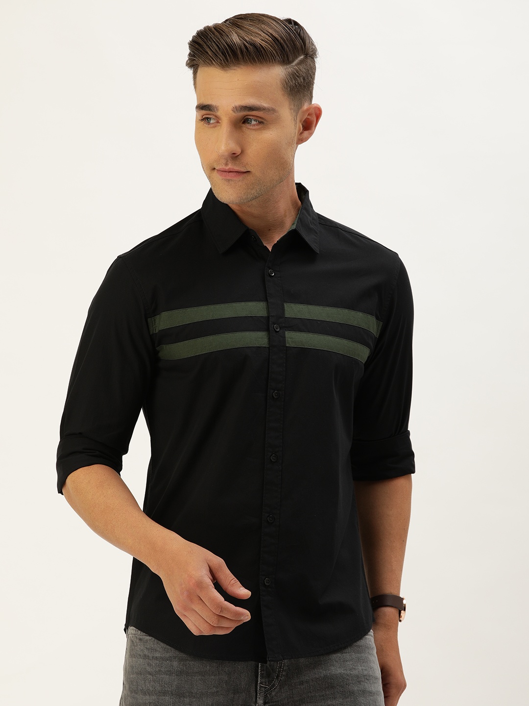 

IVOC Men Black & Olive Green Slim Fit Striped Casual Shirt