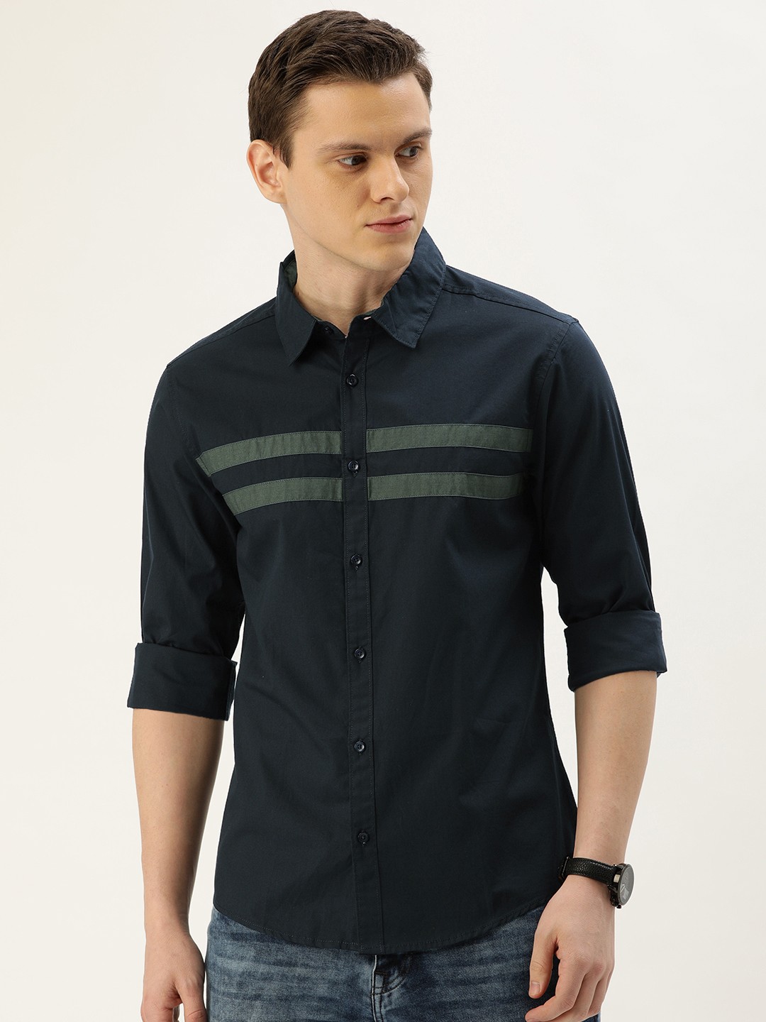 

IVOC Men Navy Blue & Olive Green Slim Fit Striped Casual Shirt