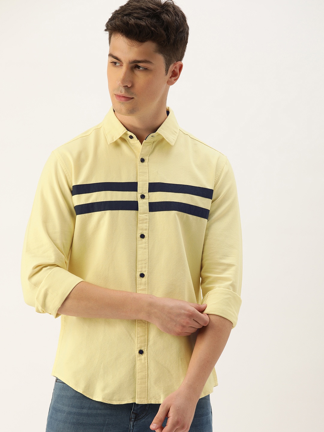 

IVOC Men Yellow Slim & Navy Blue Fit Striped Casual Shirt