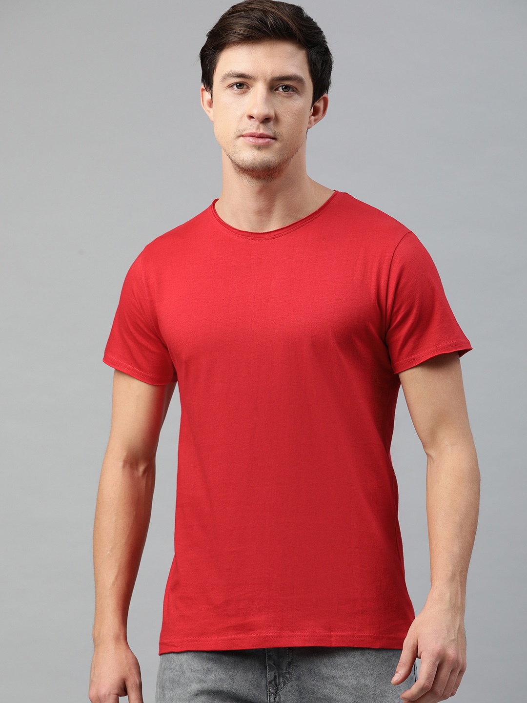 

Kryptic Men Red Solid Raw Edge Finish Round Neck Pure Cotton T-shirt