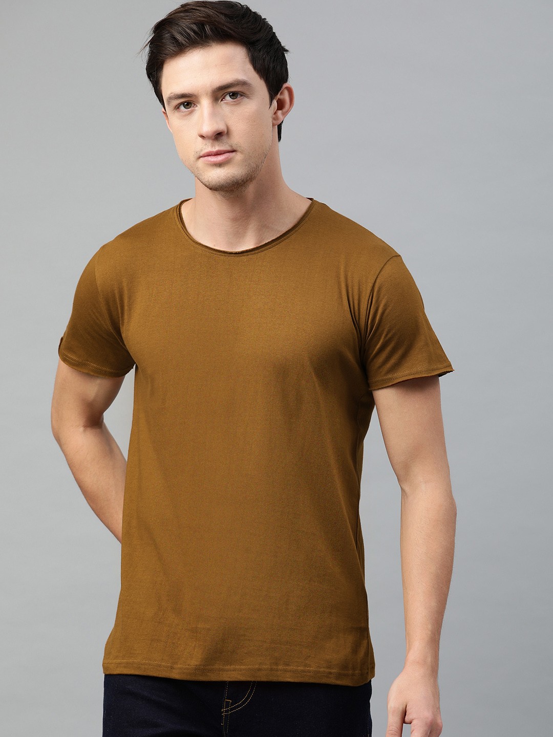 

Kryptic Men Brown Solid Raw Edge Finish Round Neck Pure Cotton T-shirt