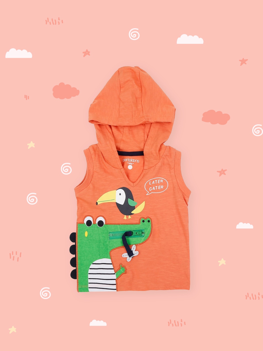 

Pantaloons Baby Boys Orange Green Printed Hooded Pure Cotton T-shirt