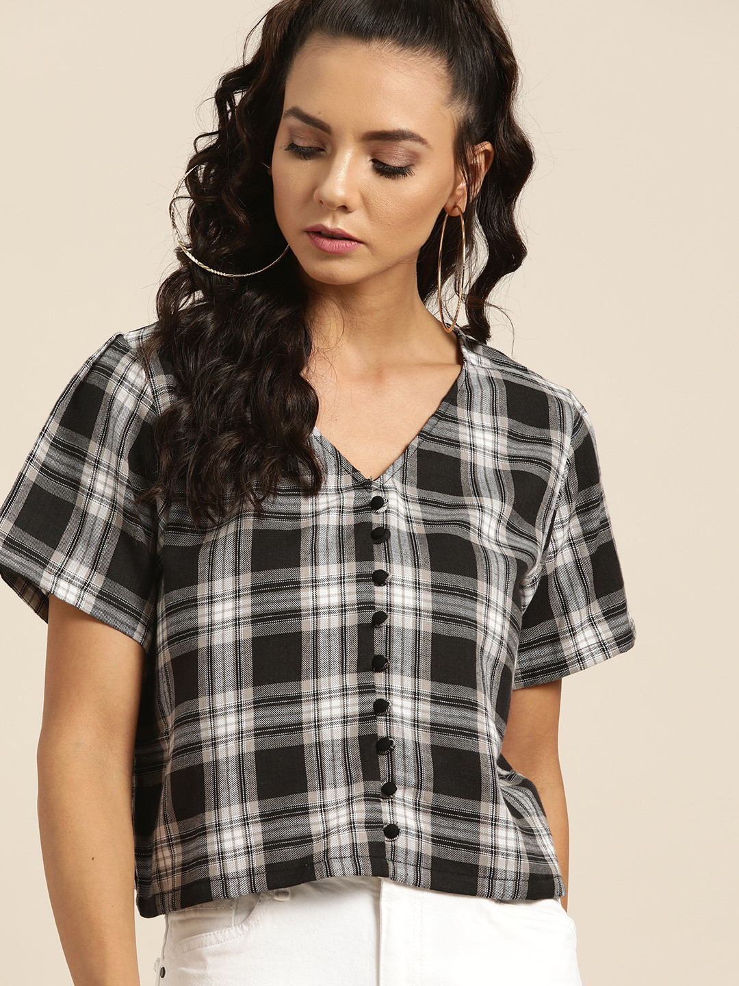 

Moda Rapido Women Black & Off-White Checked Crop Pure Cotton Top