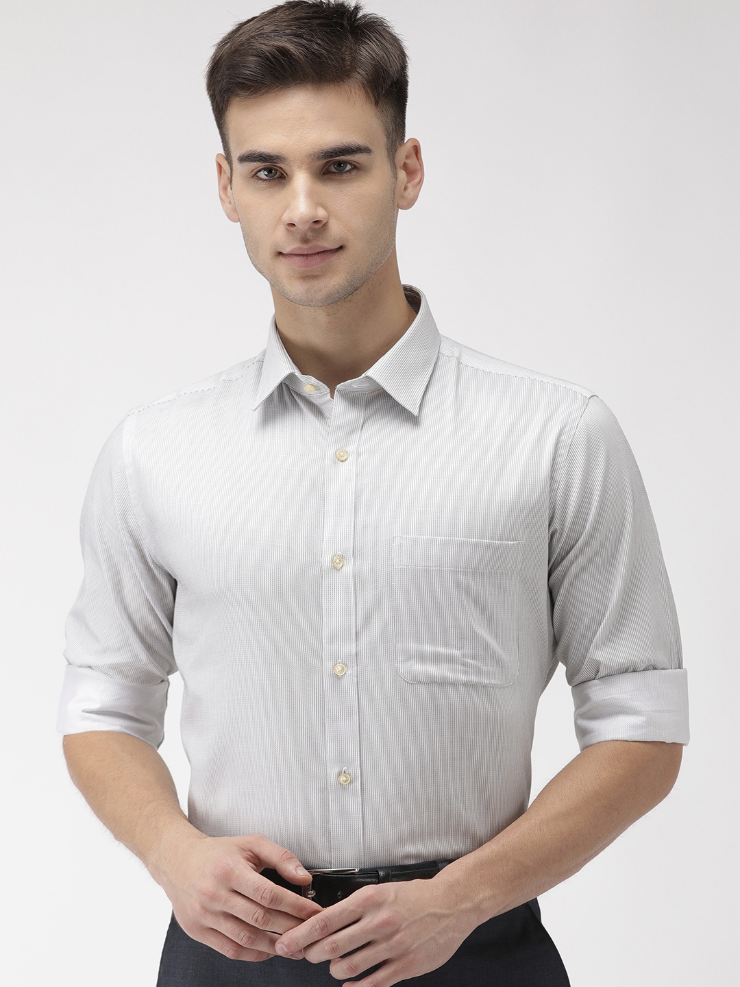 

Raymond Men Grey & Black Slim Fit Striped Formal Shirt