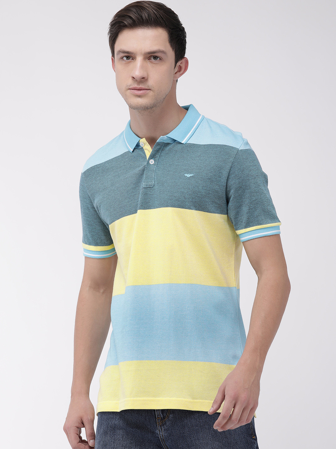 

Park Avenue Men Blue Yellow Slim Fit Colourblocked Polo Collar Pure Cotton T-shirt