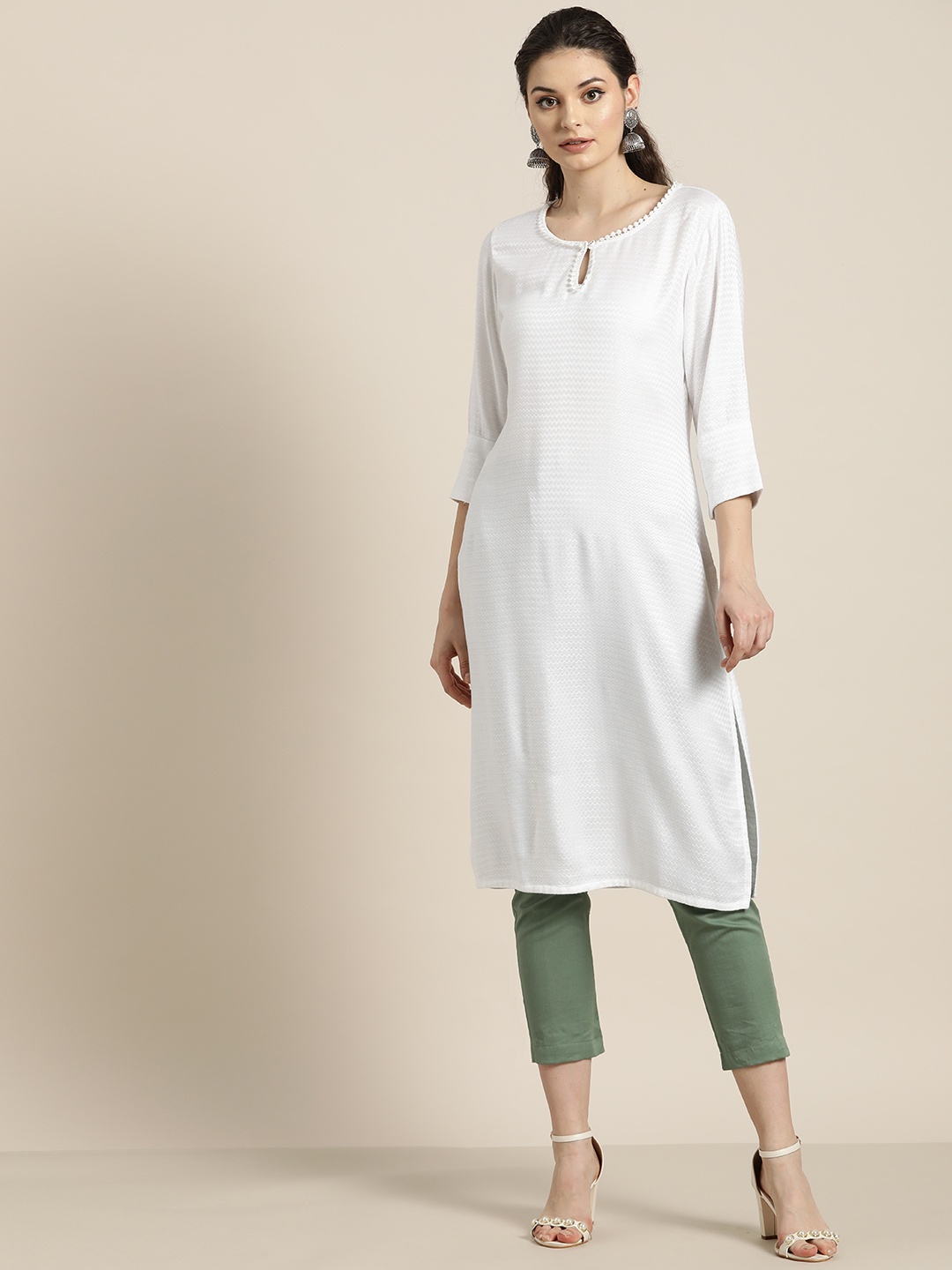 

Moda Rapido Women White Chevron Woven Design Straight Kurta