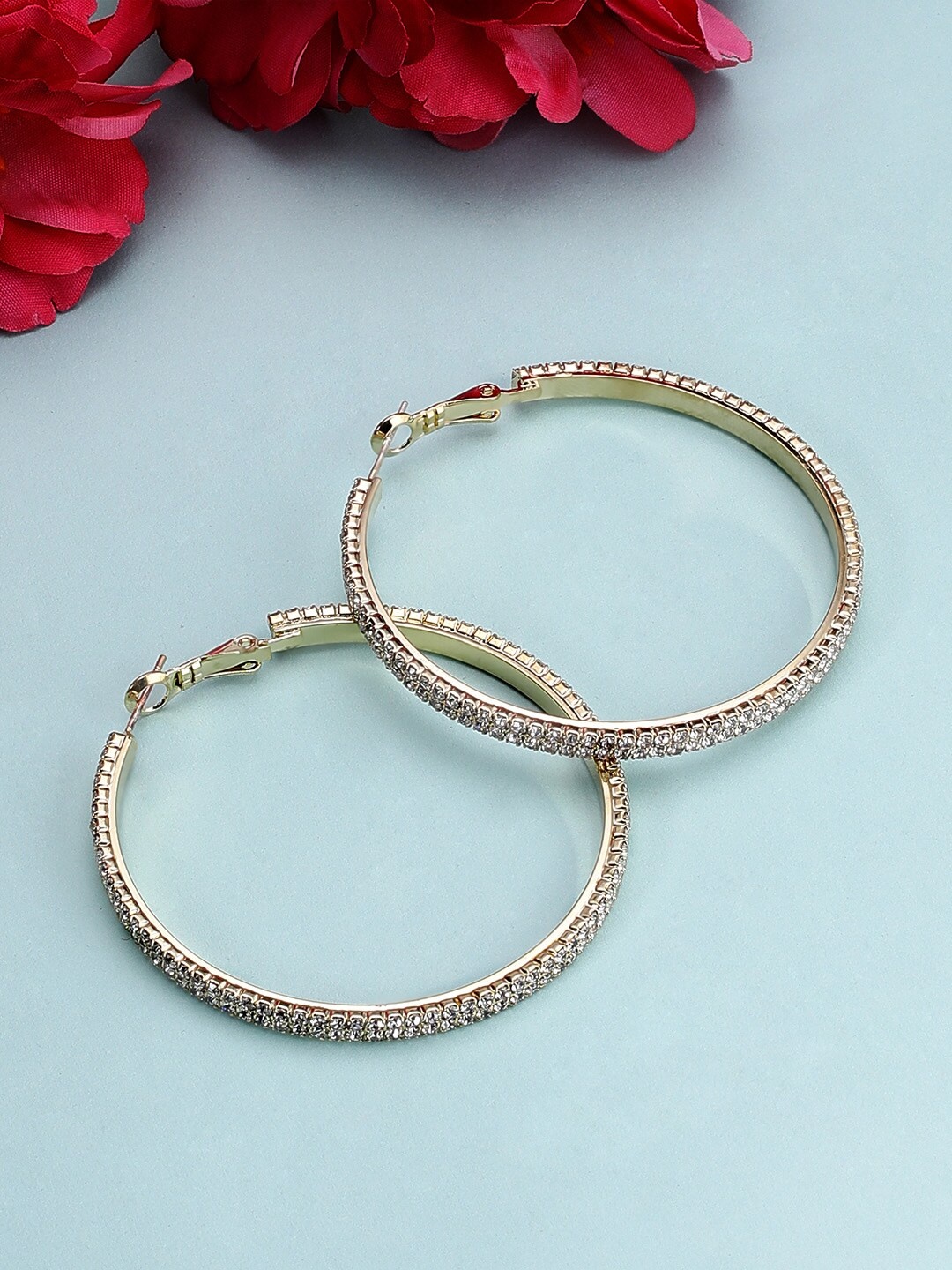 

Rubans Gold-Toned & White Circular Handcrafted CZ Studded Hoop Earrings