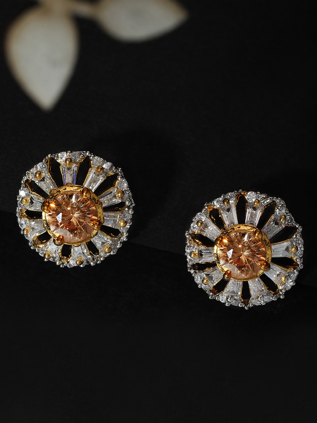 

Rubans Gold-Toned & White Handcrafted CZ Stone-Studded Floral Studs