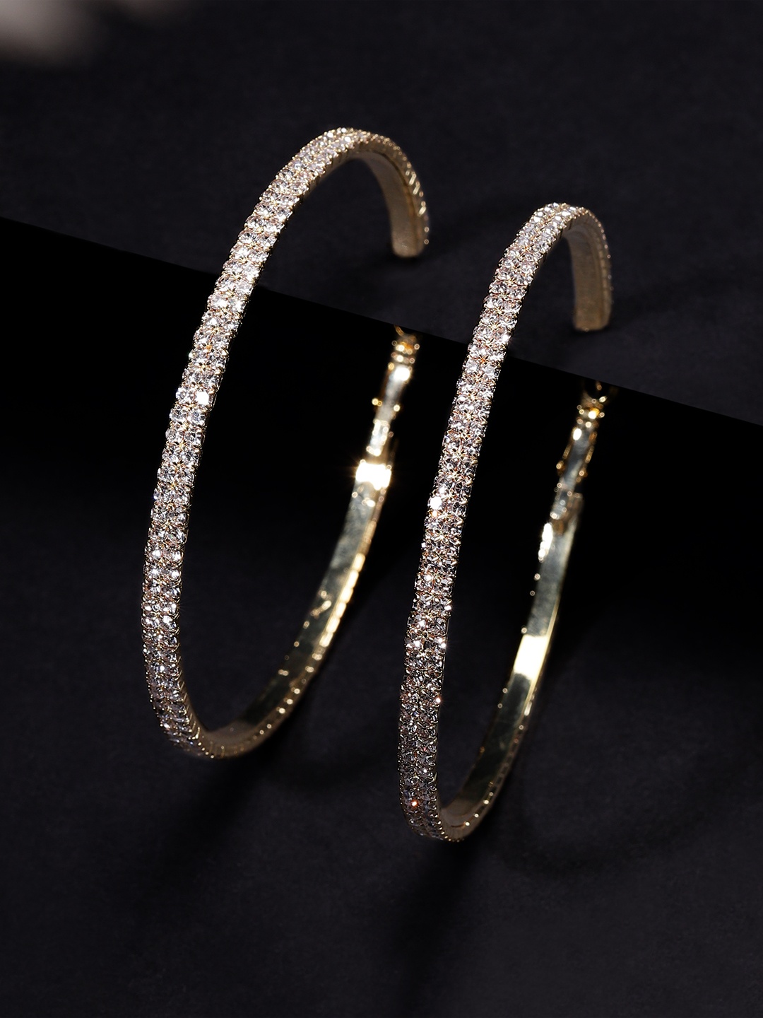 

Rubans Gold-Toned & White Circular Handcrafted CZ Studded Hoop Earrings