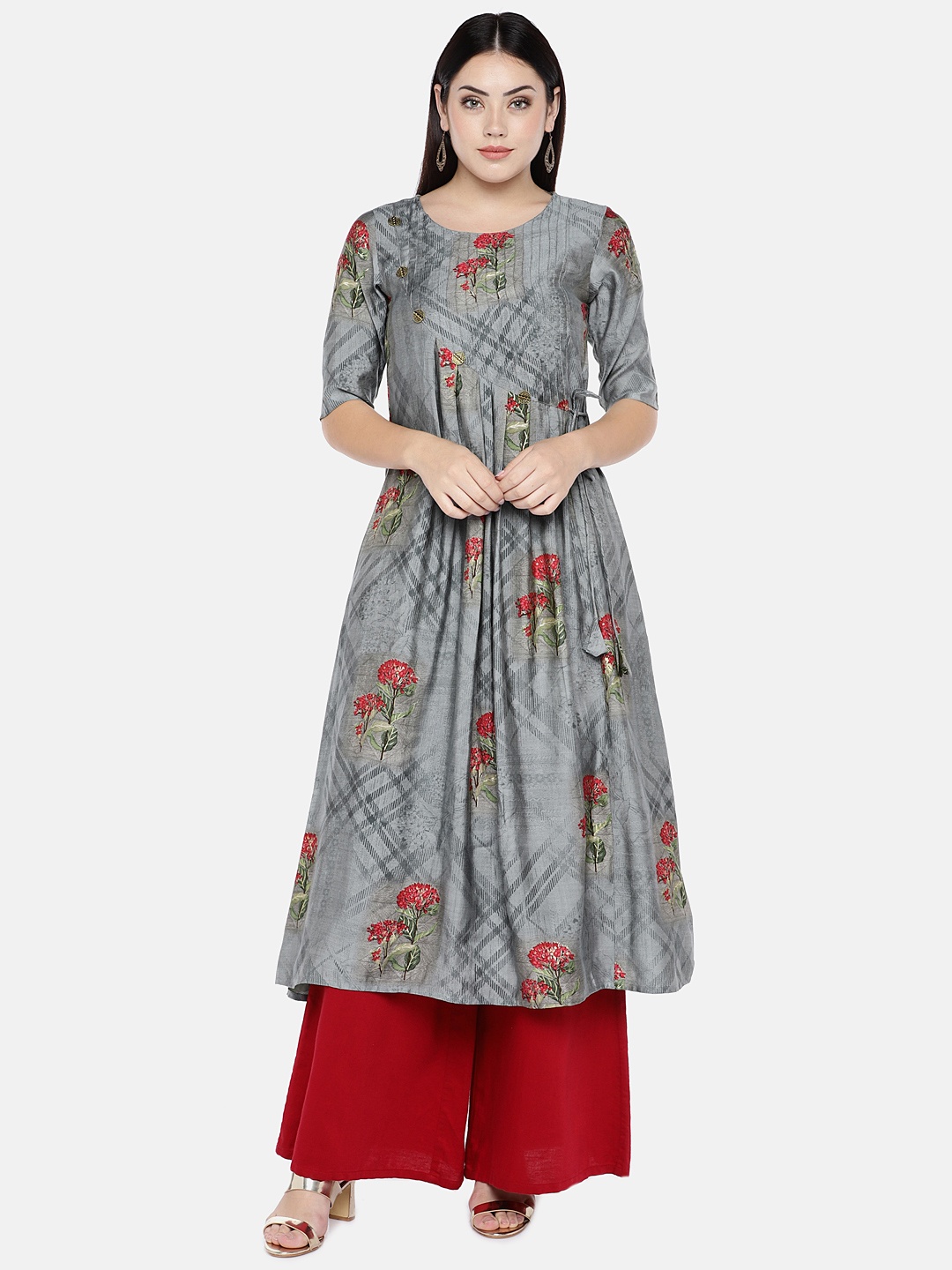 

shiloh Women Grey & Red Printed A-Line Kurta