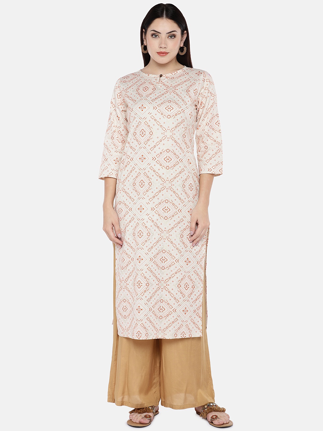 

shiloh Women Beige & Orange Printed Straight Kurta