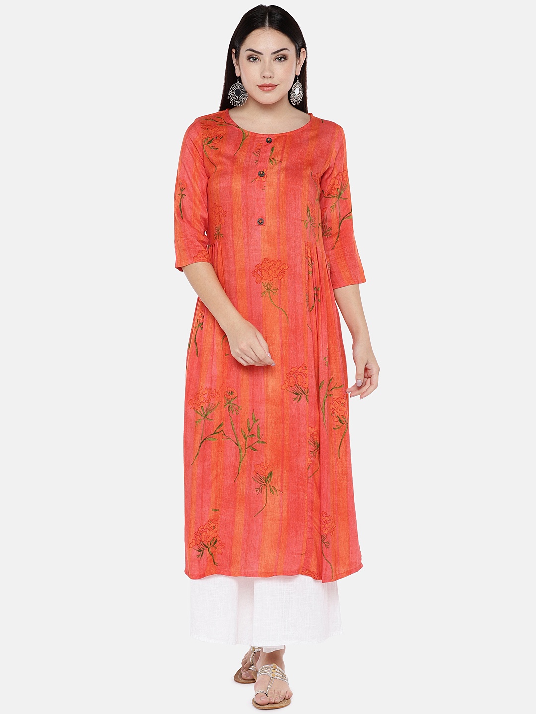 

shiloh Women Orange & Peach-Coloured Floral Print A-Line Kurta