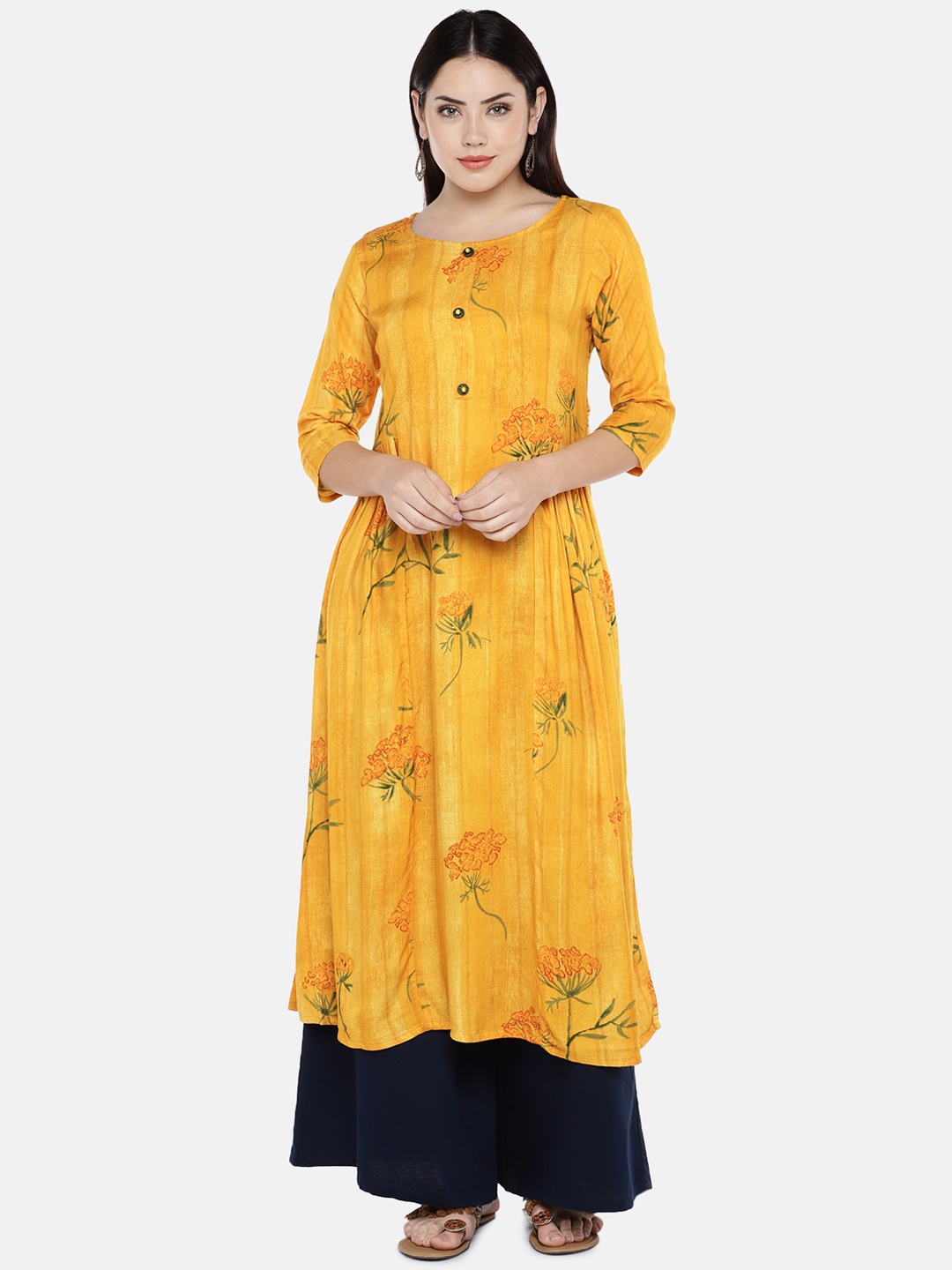 

shiloh Women Yellow Floral Print A-Line Kurta