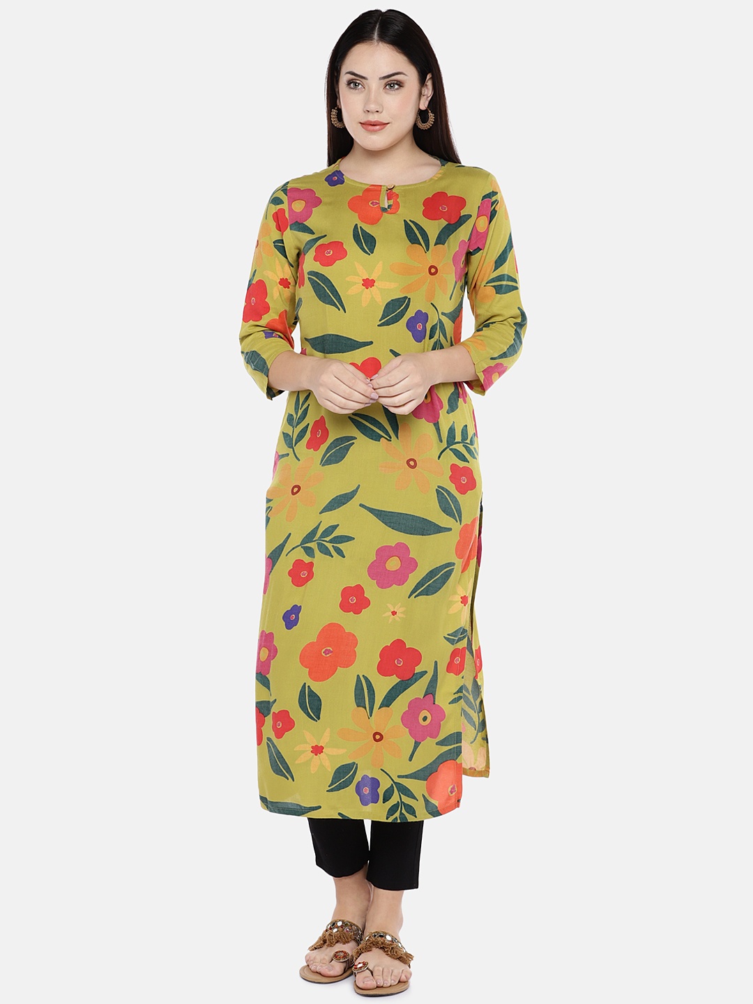 

shiloh Women Green & Red Floral Printed Straight Kurta