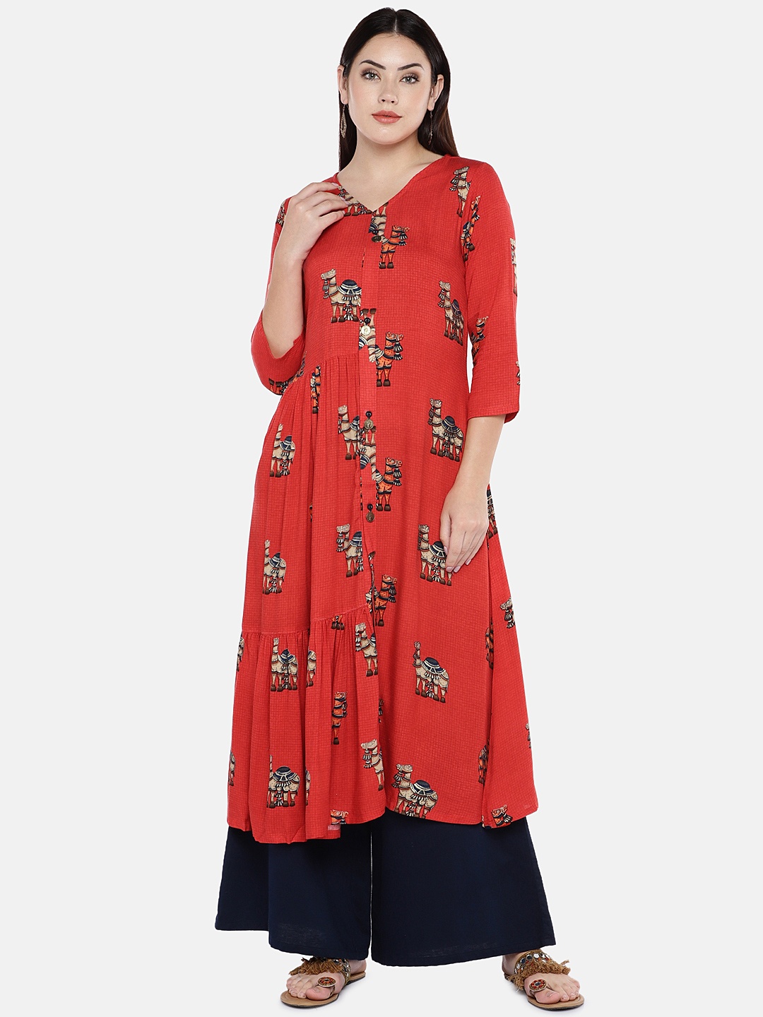 

shiloh Women Red Camel Printed A-Line Kurta