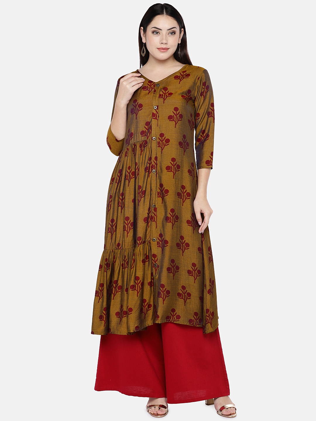 

shiloh Women Mustard Yellow & Maroon Floral Printed A-Line Kurta