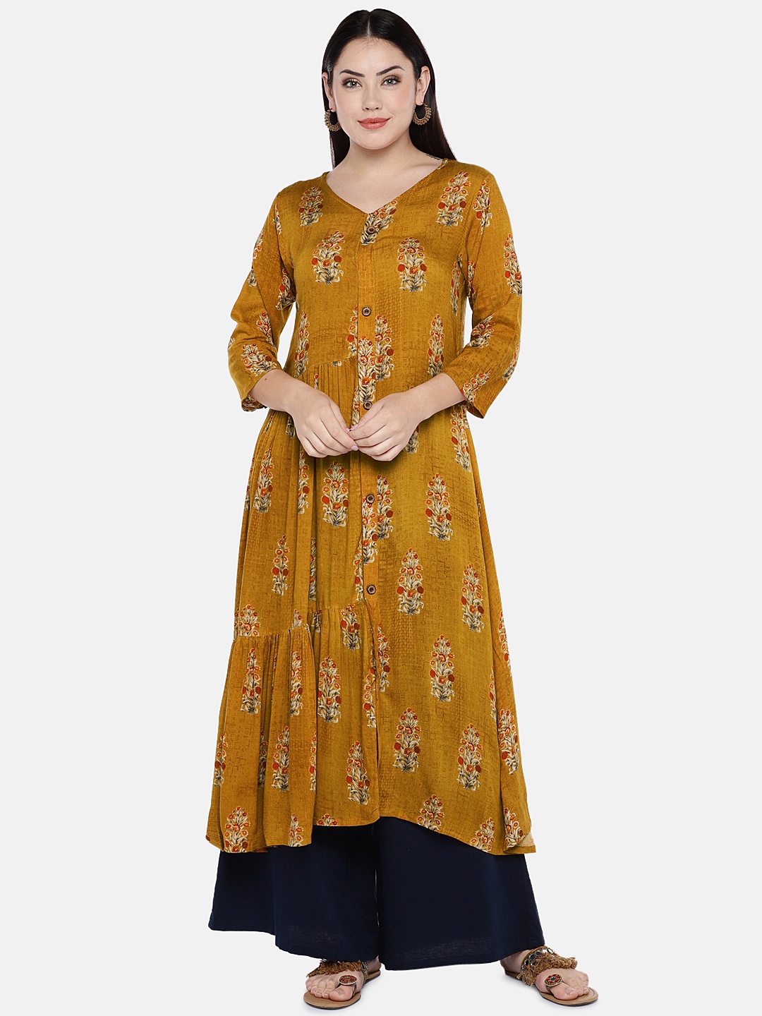 

shiloh Women Mustard Yellow Printed A-Line Kurta