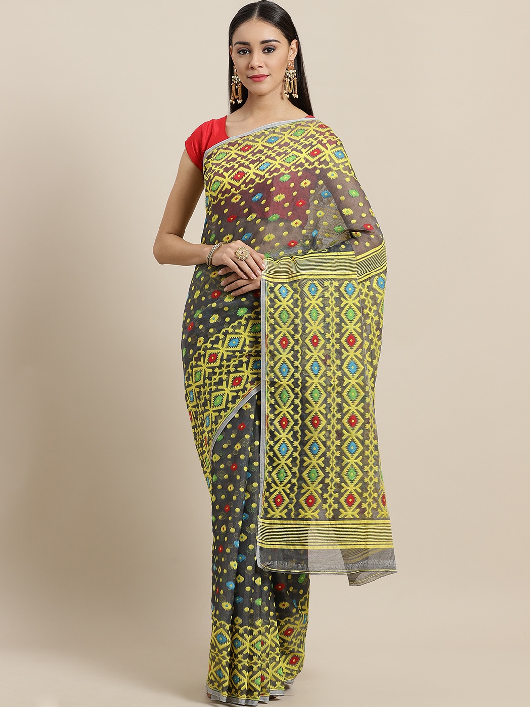 

Laa Calcutta Charcoal Grey & Mustard Yellow Woven Design Dhakai Jamdani Saree