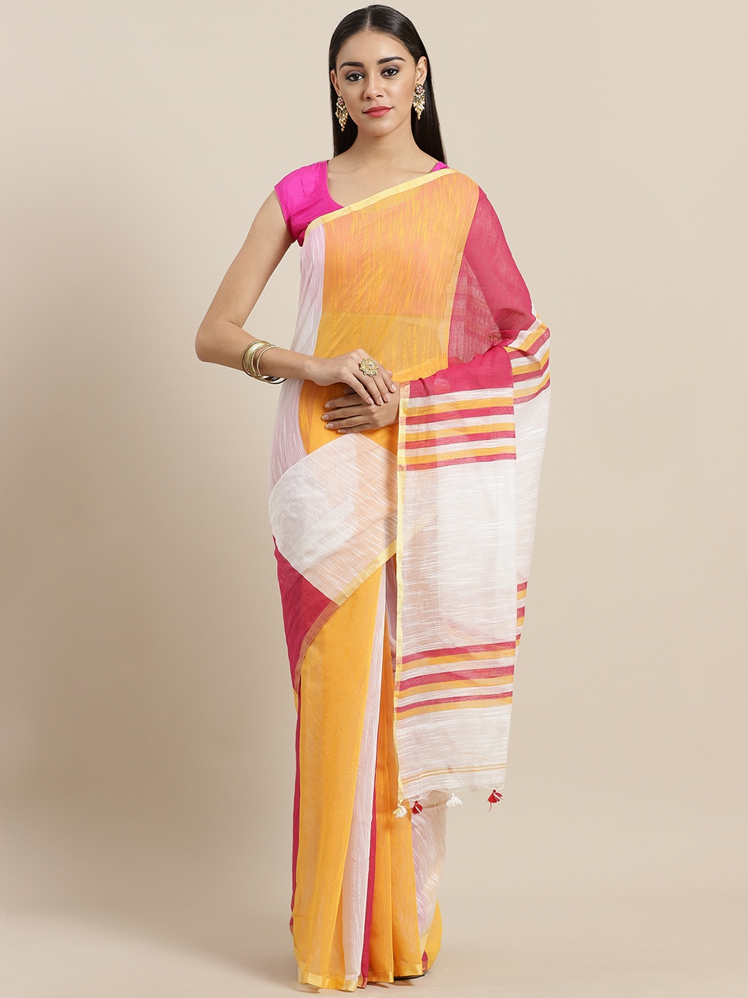 

Laa Calcutta White & Mustard Yellow Striped Handloom Saree