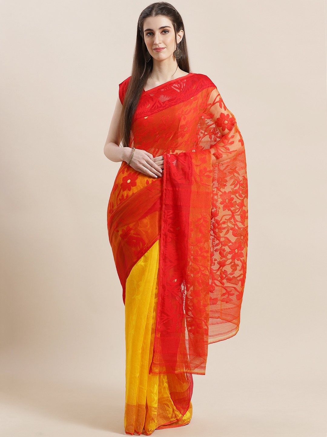 

Laa Calcutta Red & Yellow Half & Half Woven Design Jamdani Saree