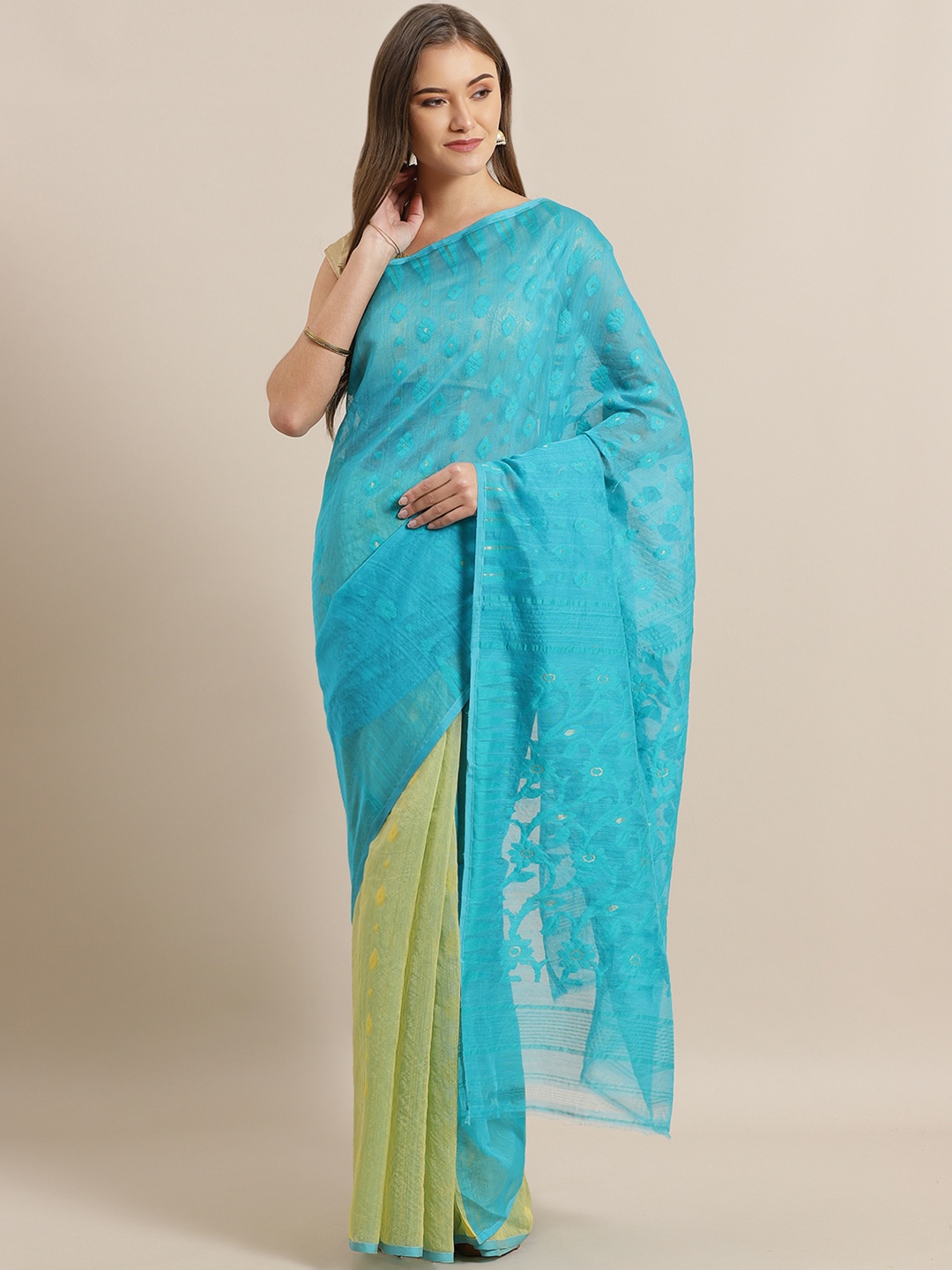 

Laa Calcutta Blue & Green Woven Design Half & Half Dhakai Jamdani Saree