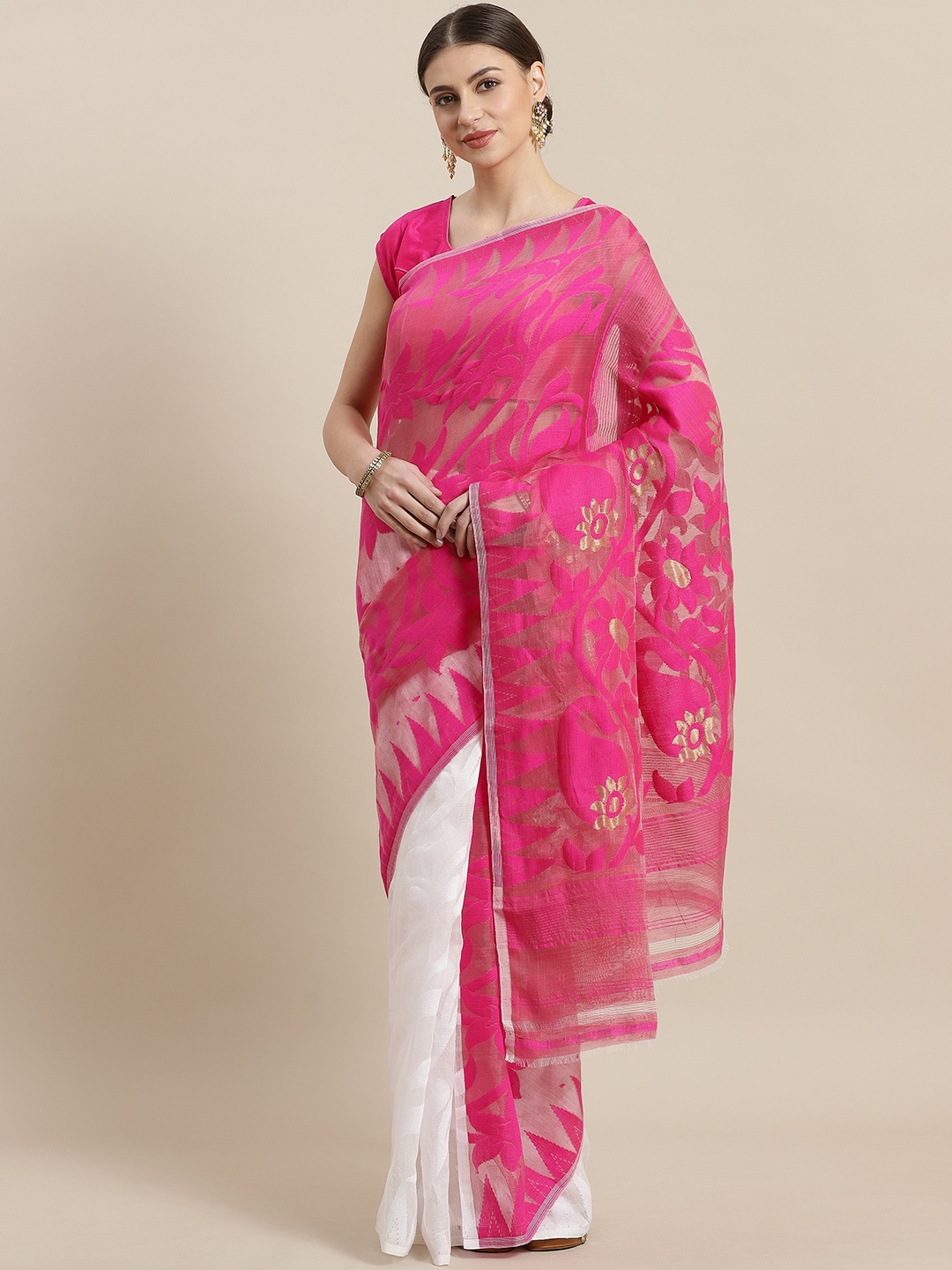 

Laa Calcutta Pink & White Woven Design Half & Half Dhakai Jamdani Saree