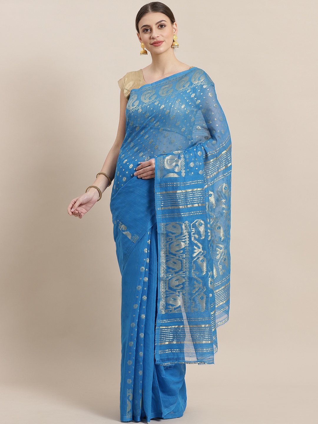 

Laa Calcutta Blue & Golden Woven Design Dhakai Jamdani Saree