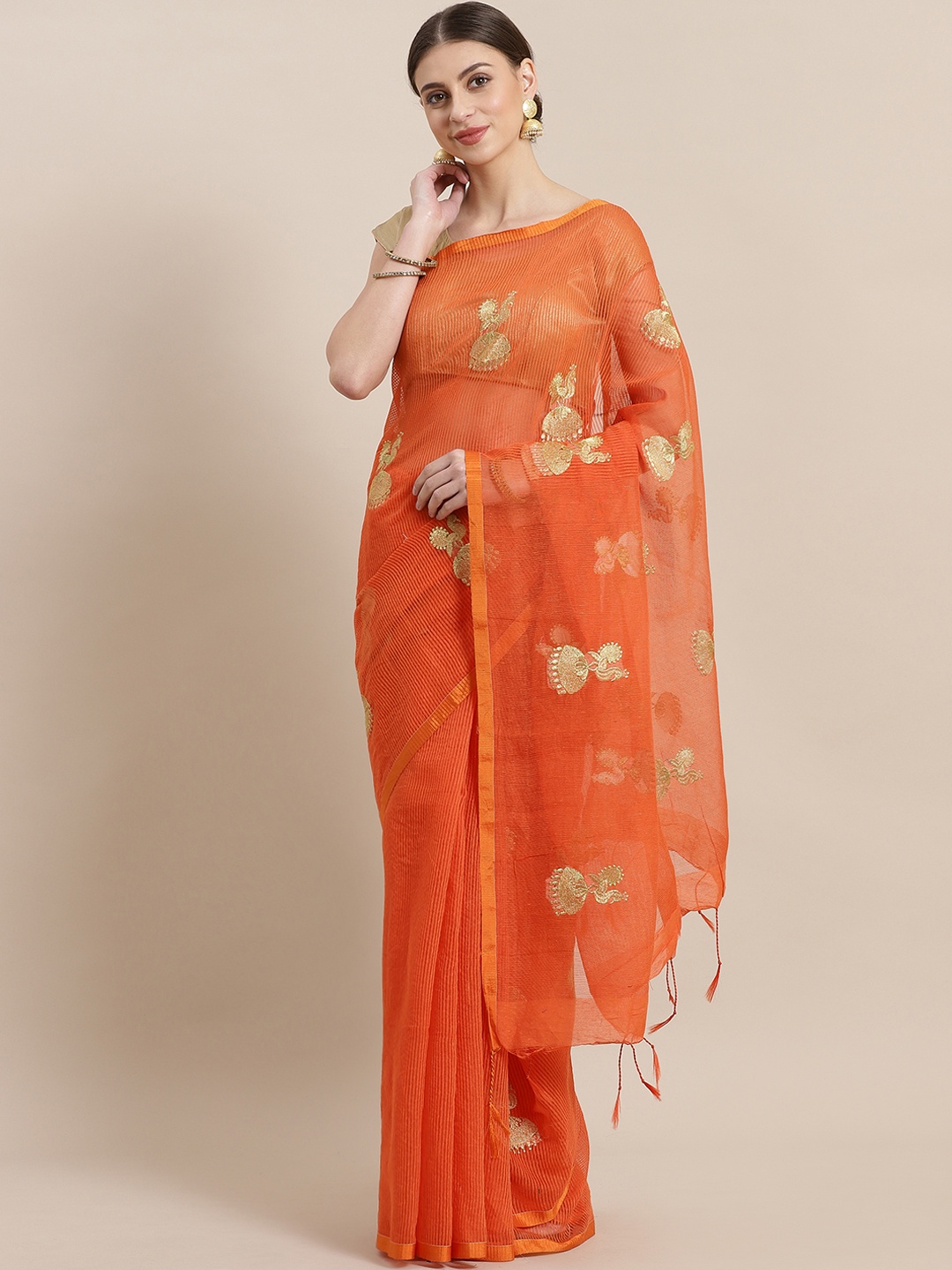 

Laa Calcutta Orange & Golden Handloom Woven Design Saree