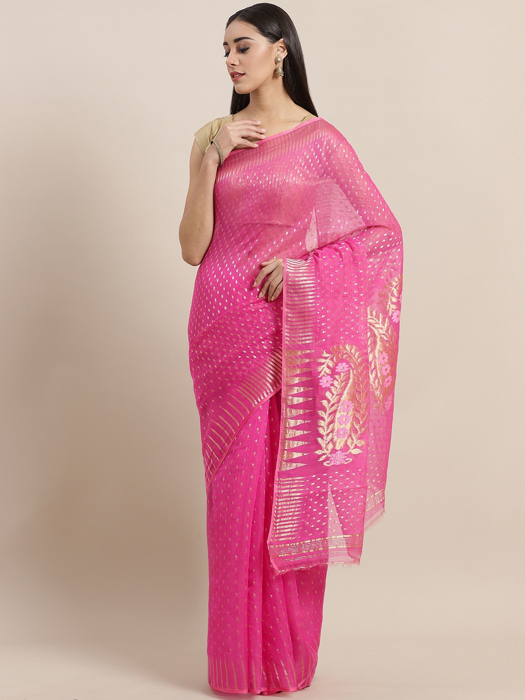 

Laa Calcutta Pink & Golden Woven Design Dhakai Jamdani Saree