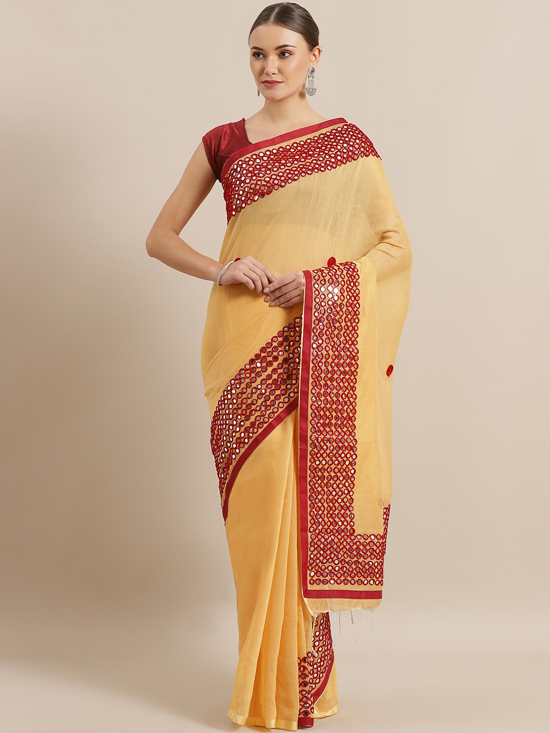 

Laa Calcutta Cream-Coloured & Maroon Mirror Work Handloom Saree