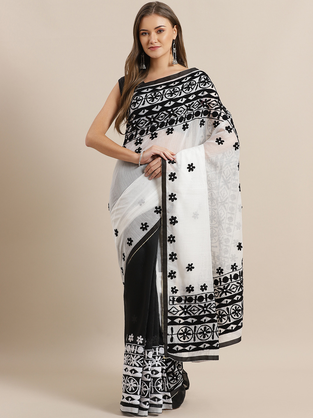 

Laa Calcutta White & Black Embroidered Handloom Half & Half Saree