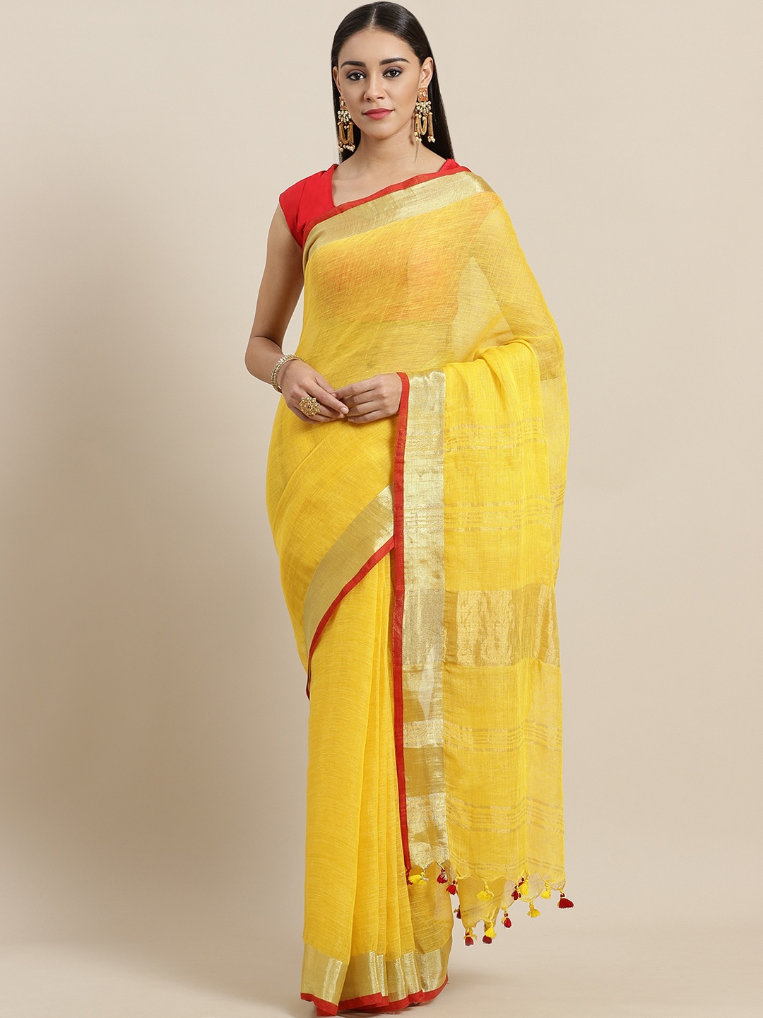 

Laa Calcutta Yellow Solid Pure Linen Handloom Saree