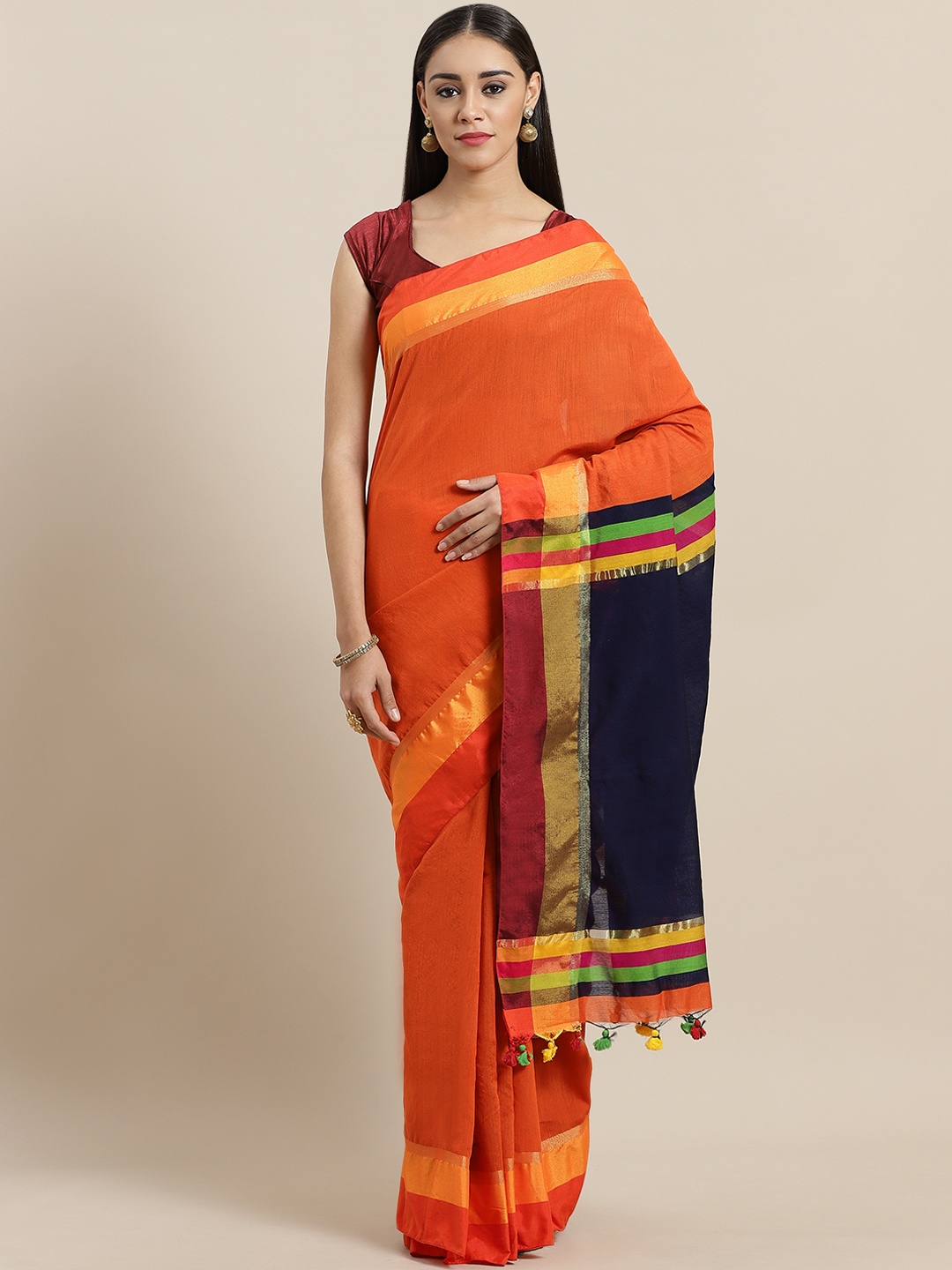 

Laa Calcutta Orange & Navy Blue Solid Handloom Saree