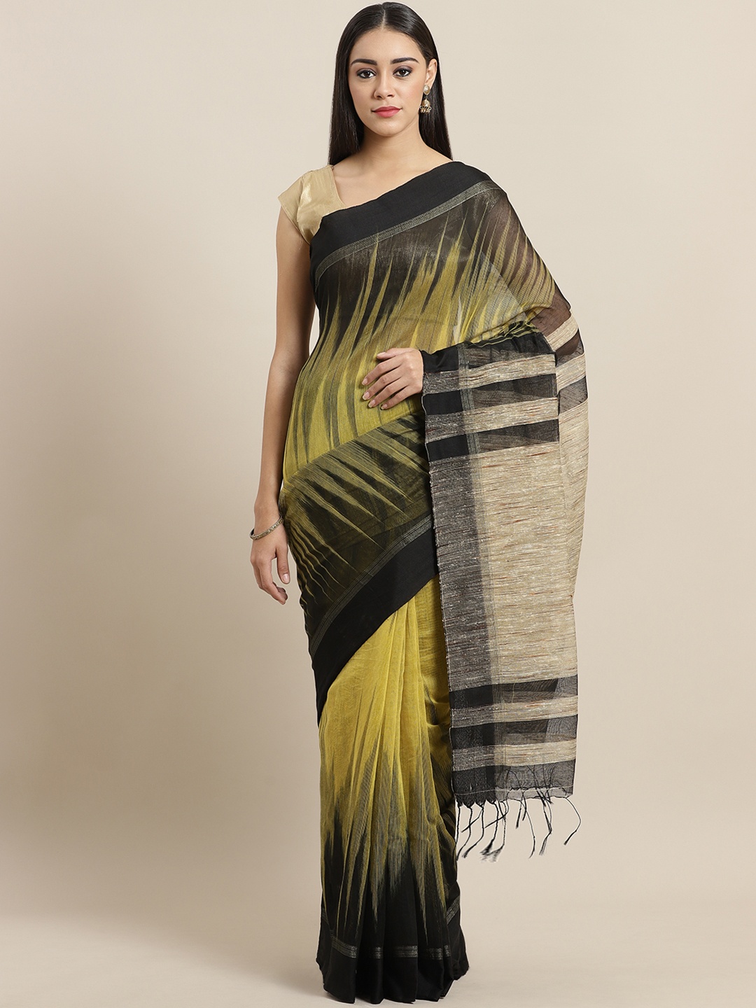 

Laa Calcutta Yellow & Black Handloom Woven Design Saree