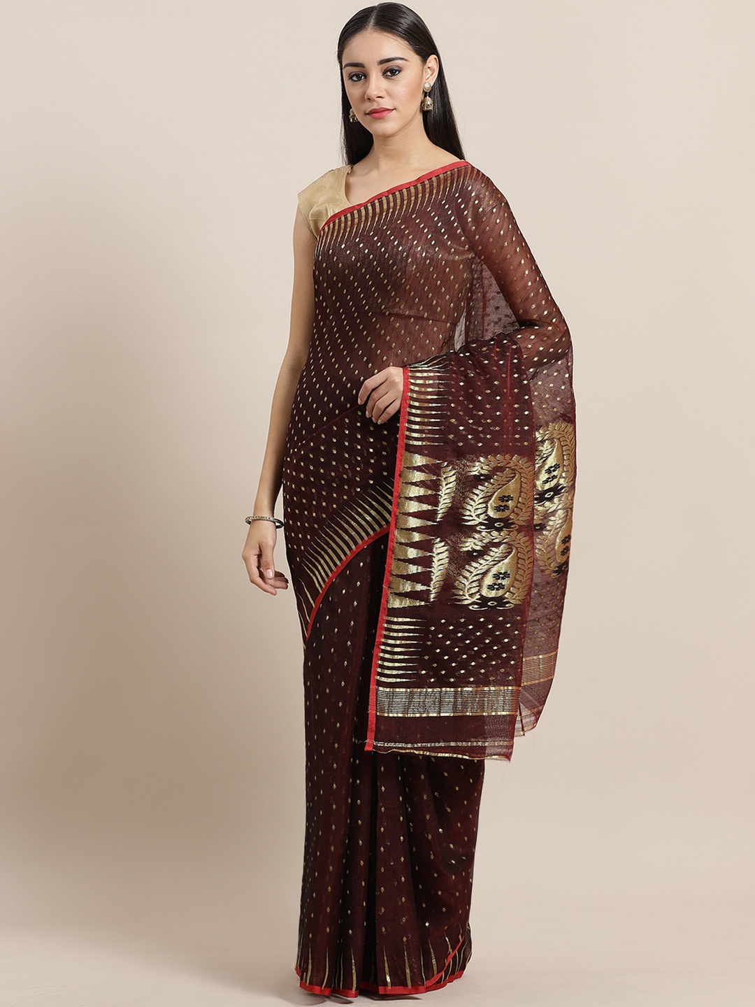 

Laa Calcutta Burgundy & Golden Woven Design Dhakai Jamdani Saree