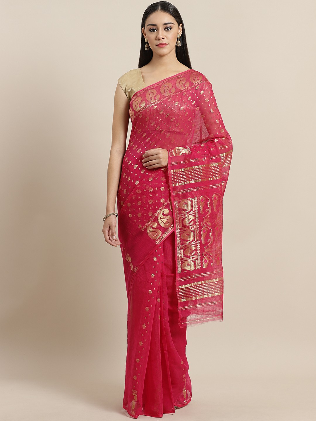 

Laa Calcutta Pink & Golden Zari Woven Design Handloom Jamdani Saree
