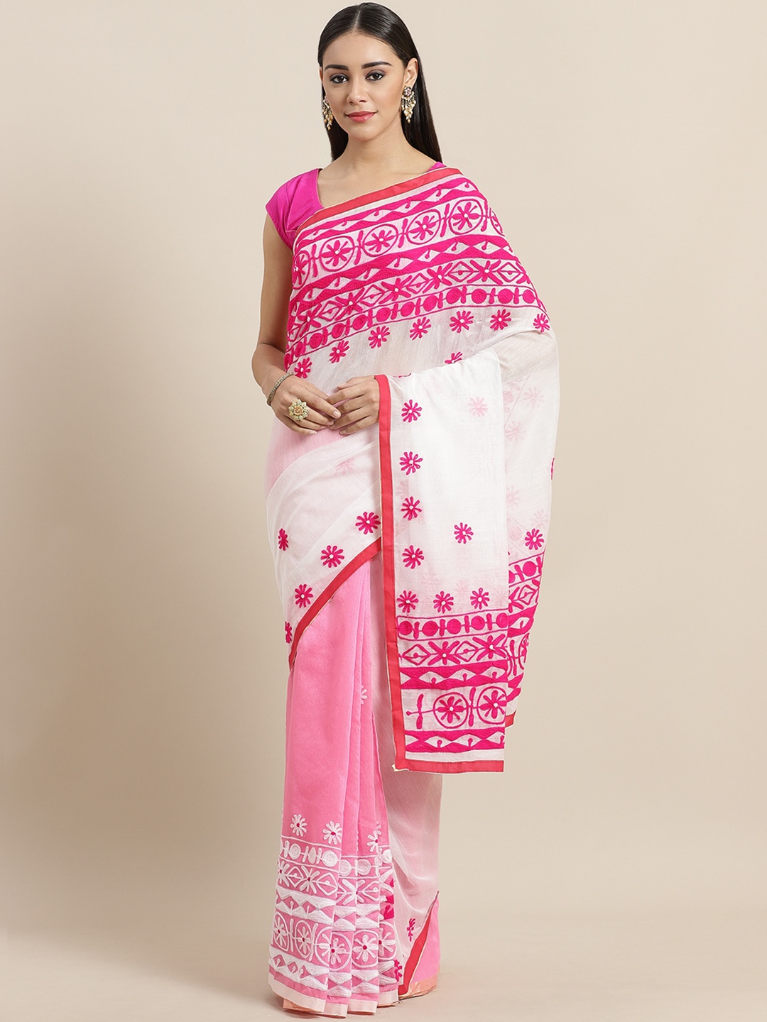 

Laa Calcutta White & Pink Handloom Embroidered Saree