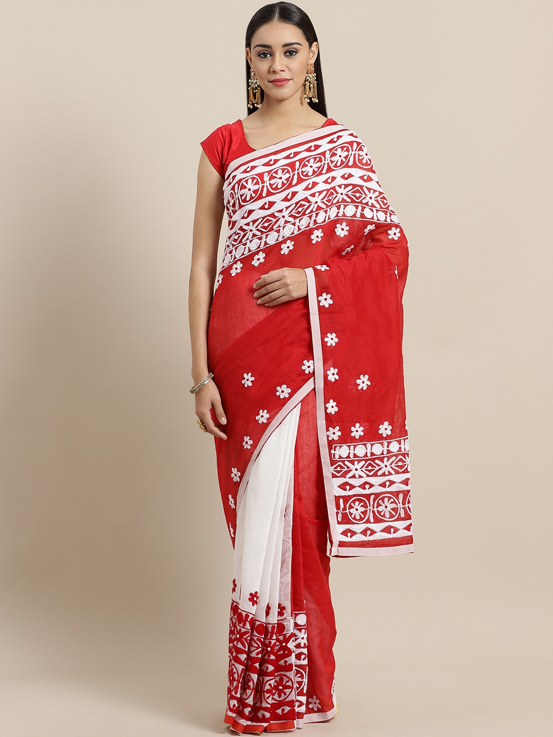 

Laa Calcutta Red & White Phulkari Embroidered Handloom Saree
