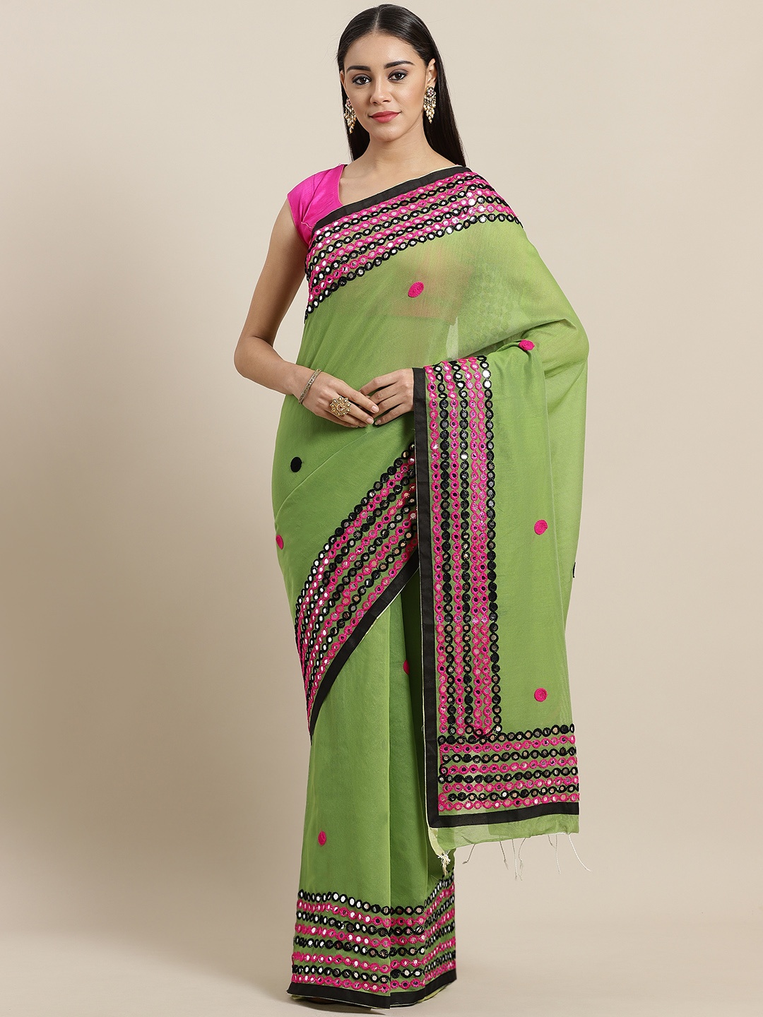 

Laa Calcutta Green & Pink Handloom Embroidered Saree