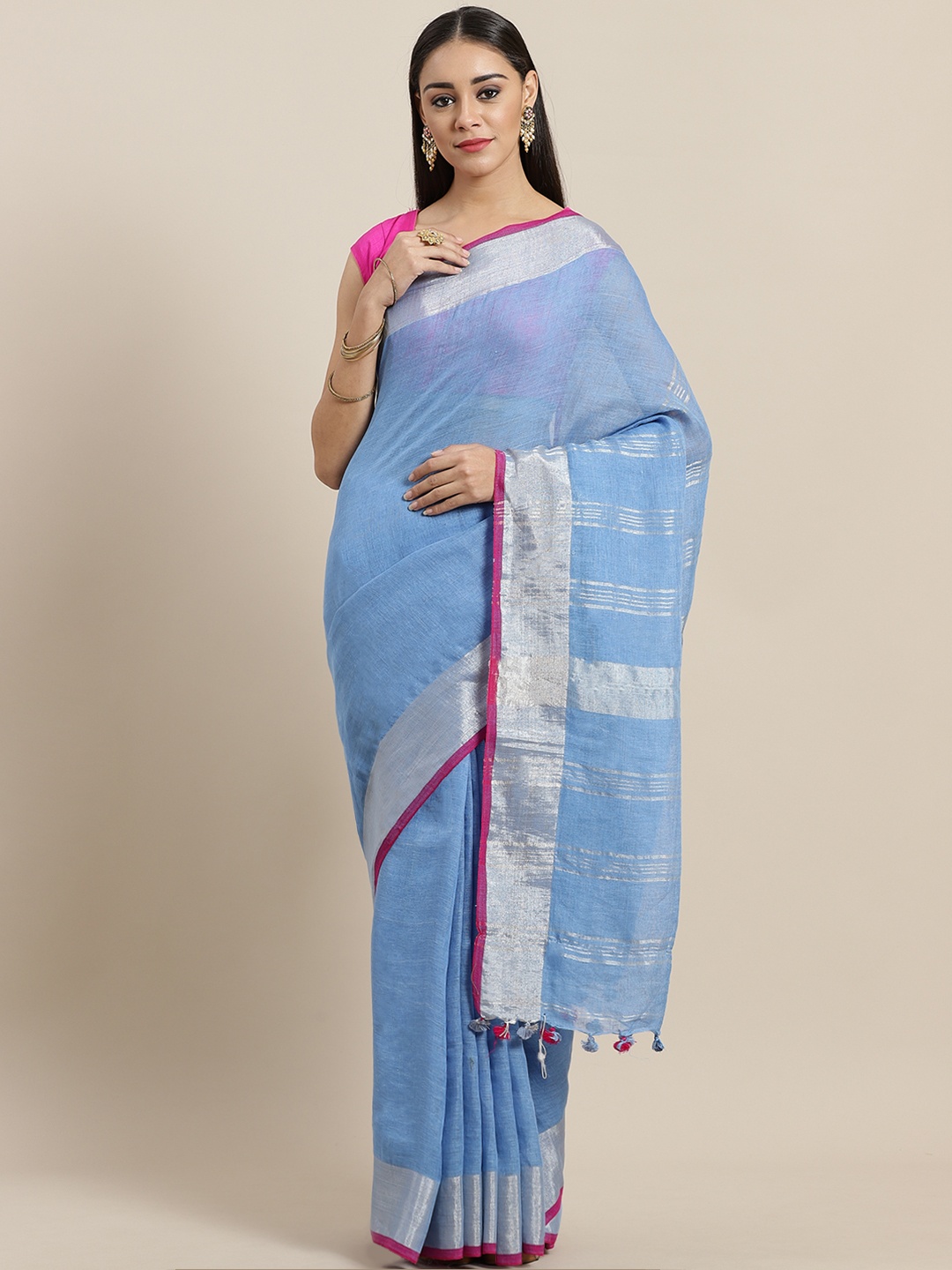 

Laa Calcutta Blue & Silver Linen Solid Handloom Saree