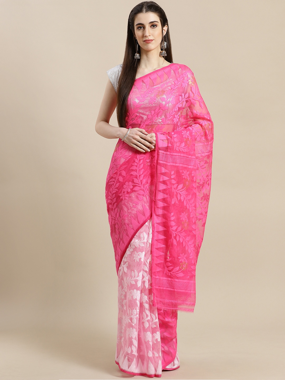 

Laa Calcutta Pink & White Woven Design Jamdani Saree