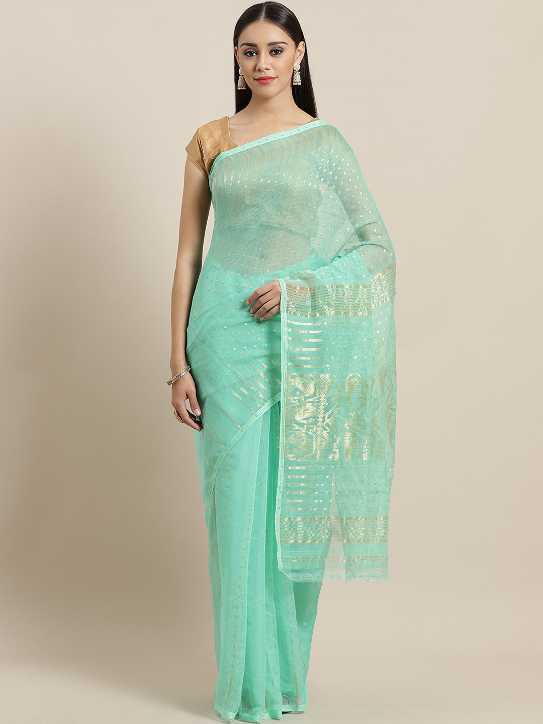 

Laa Calcutta Sea Green & Golden Woven Design Dhakai Jamdani Saree