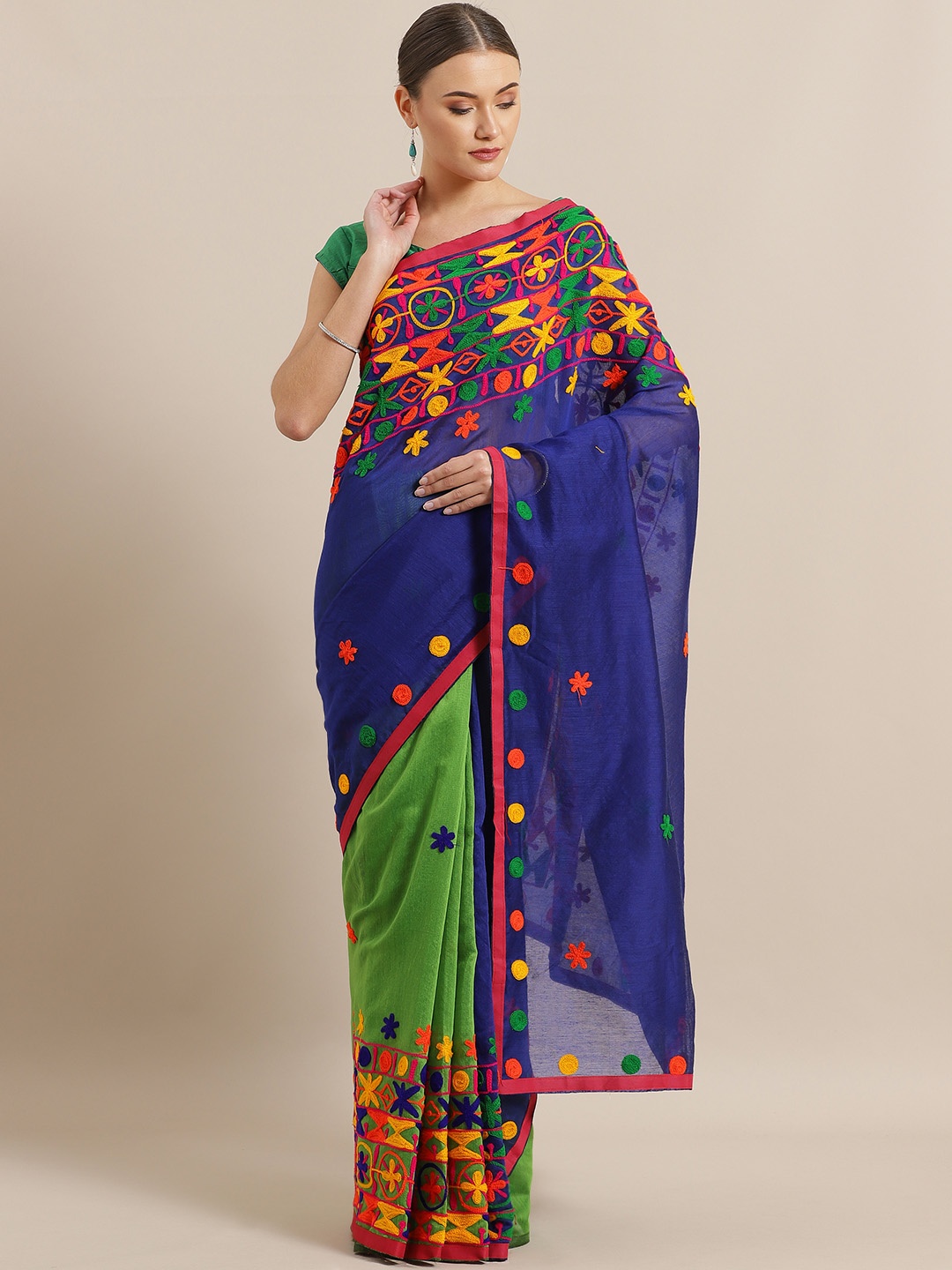 

Laa Calcutta Blue & Green Embroidered Handloom Half & Half Saree