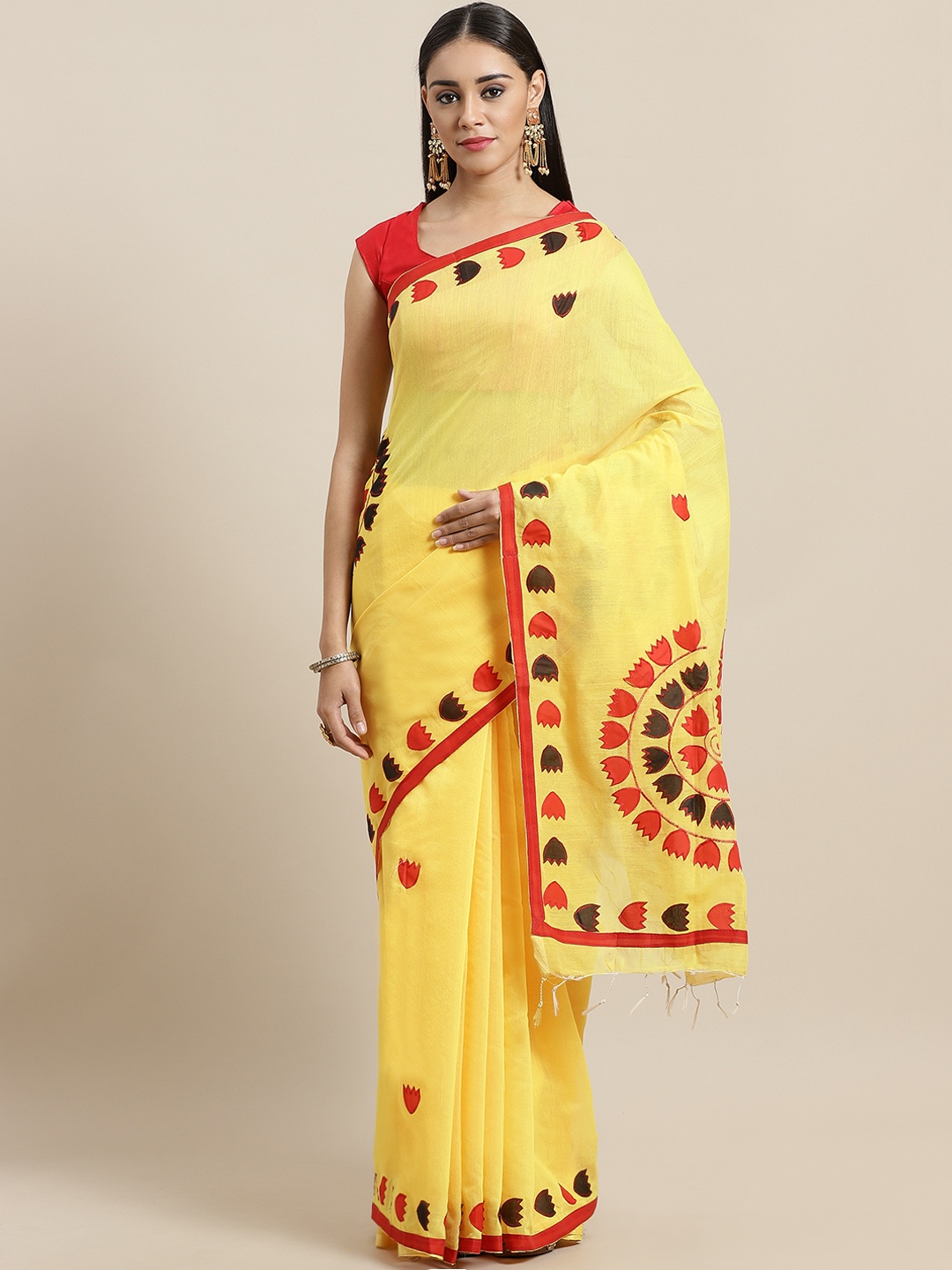 

Laa Calcutta Yellow & Red Bengal Handloom Solid Saree
