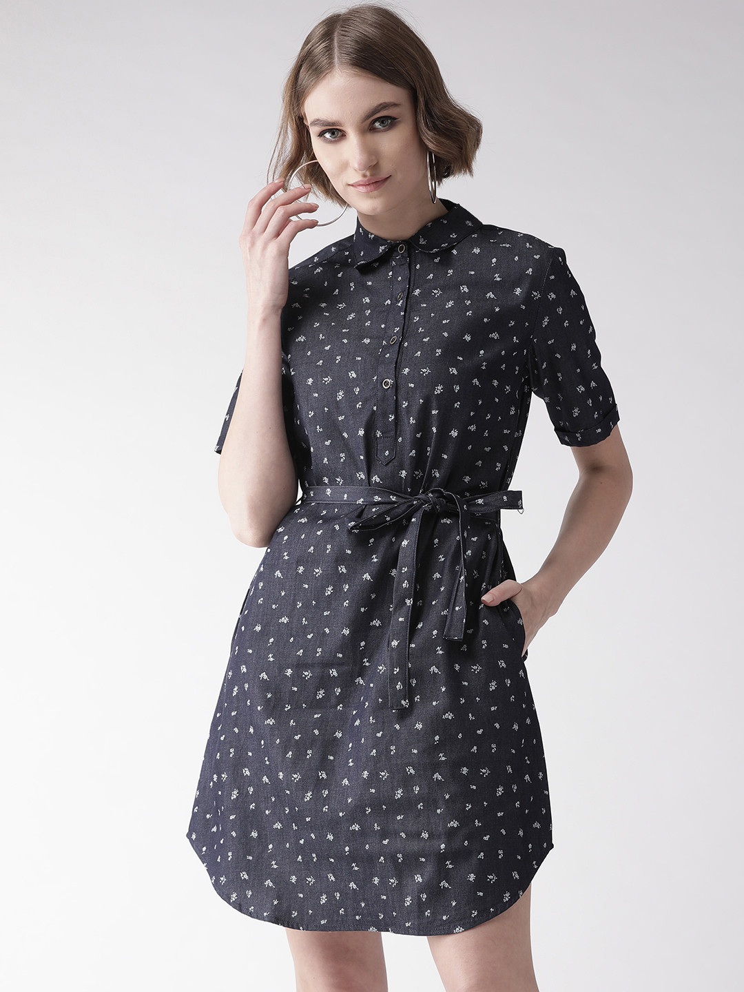 

Style Quotient Women Navy Blue & White Printed Denim Shirt Dress With Belt
