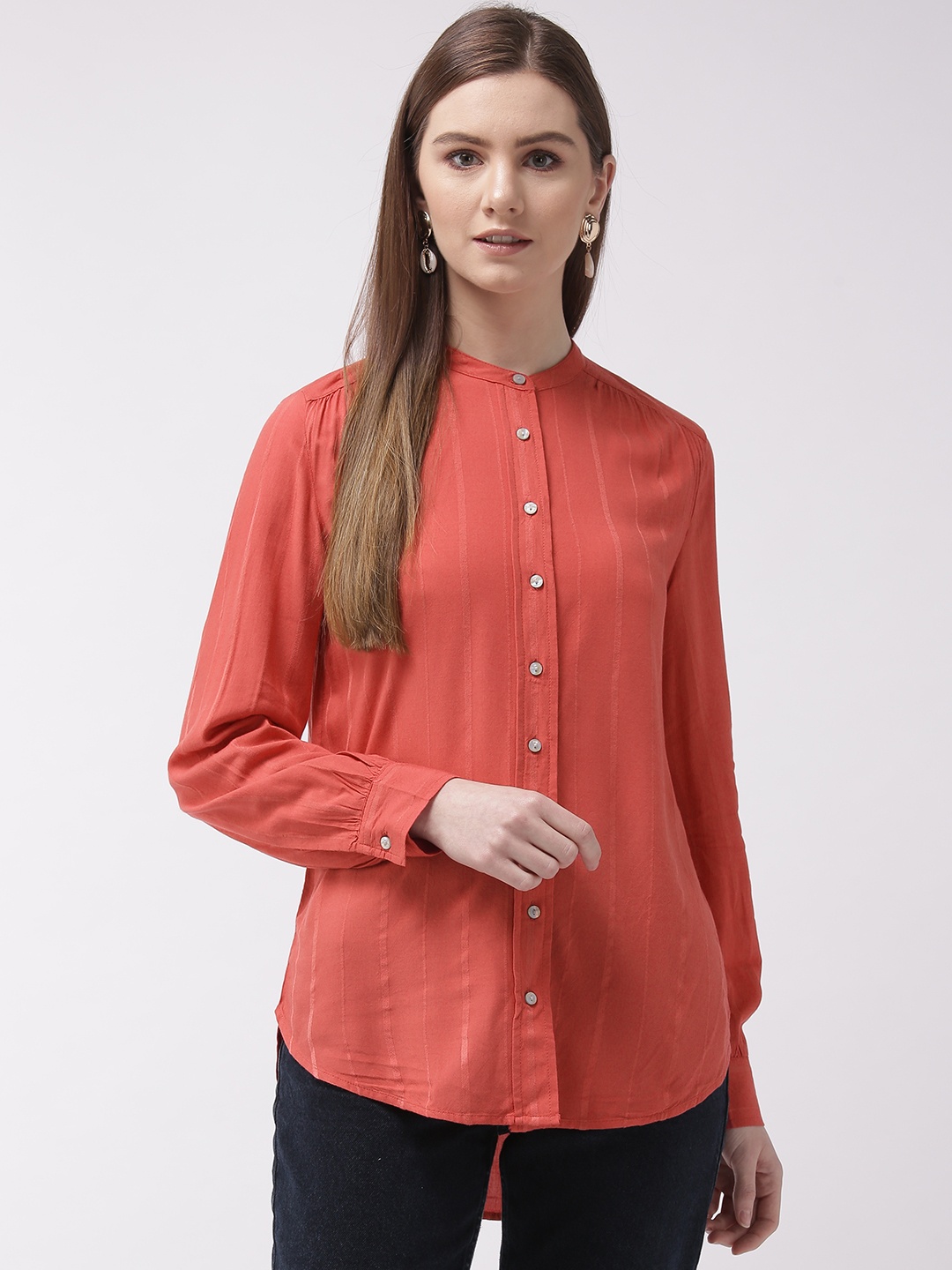 

Marks & Spencer Women Coral Red Regular Fit Striped Casual Shirt