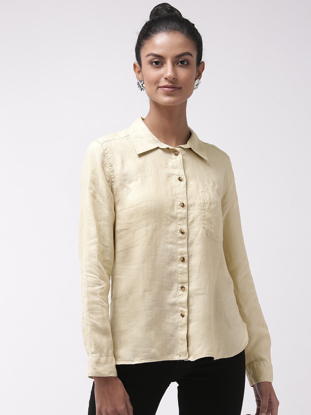 

Marks & Spencer Women Beige Regular Fit Solid Linen Casual Shirt