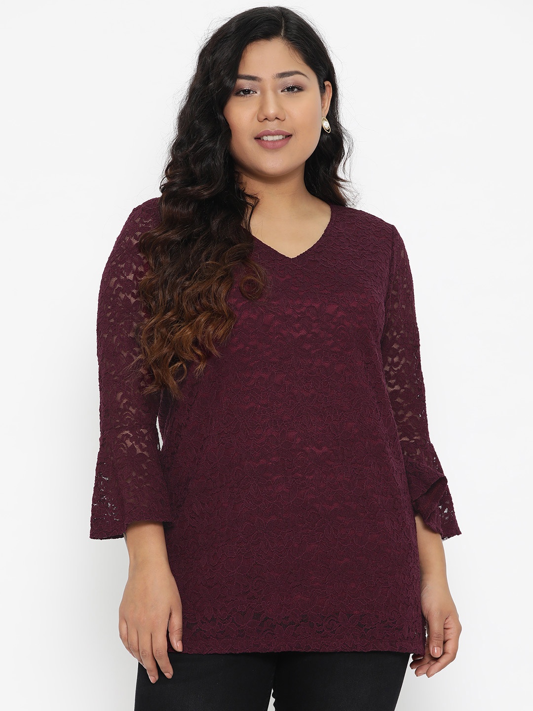 

The Pink Moon Plus Size Women Burgundy Self Design Top